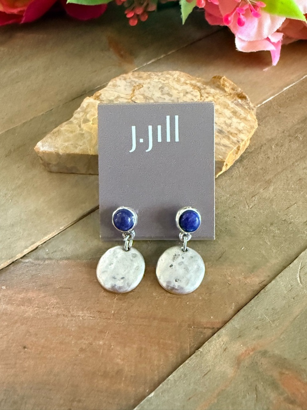 J.Jill Blue Stone Drop Earrings Silver Hammered Disc Dangle Boho Chic